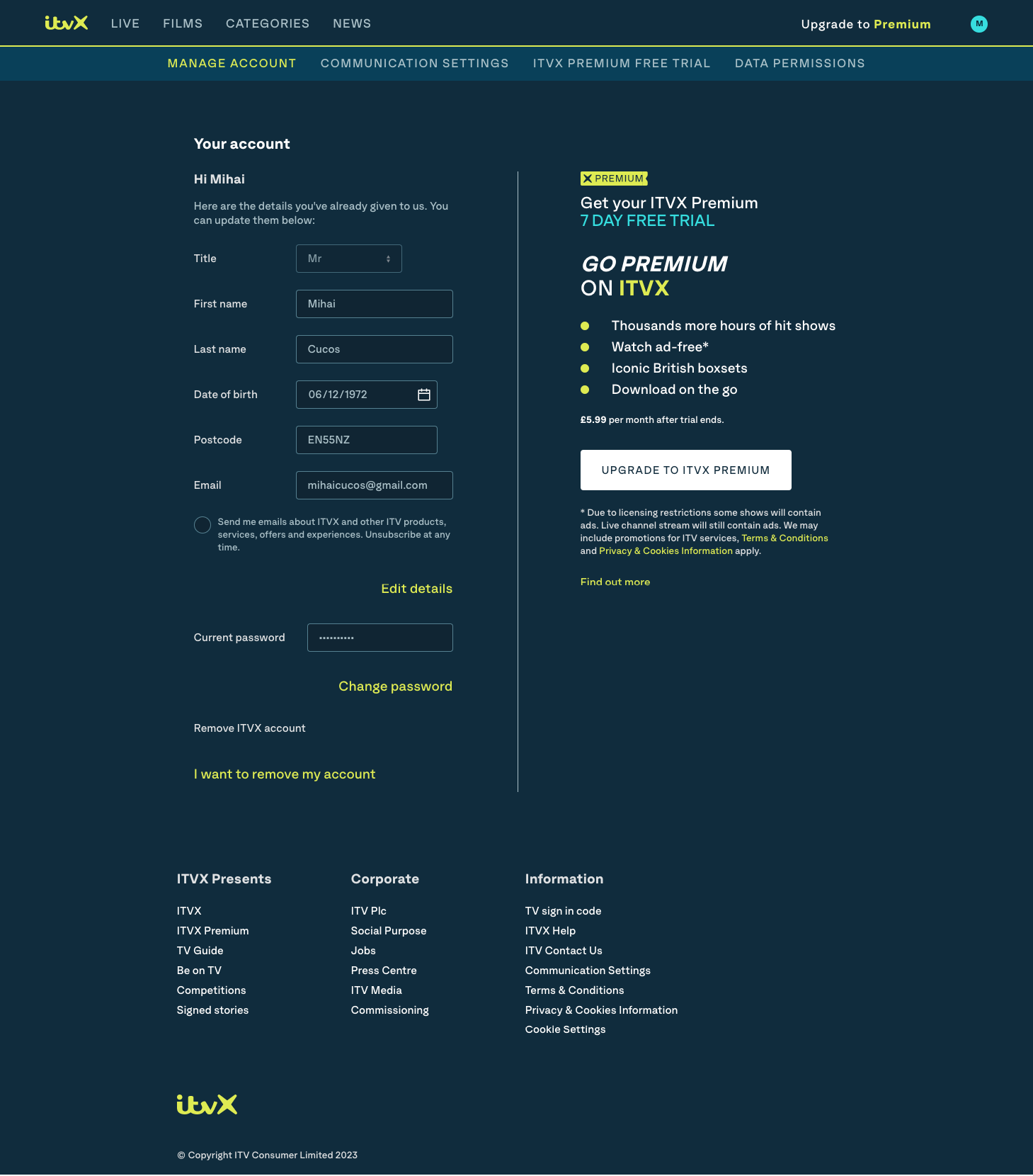 ITVX launch - Manage account page