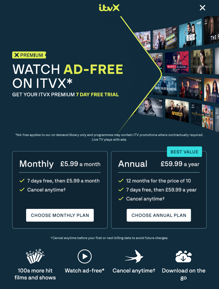 ITVX optimisation - new ITVX Premium upsell page