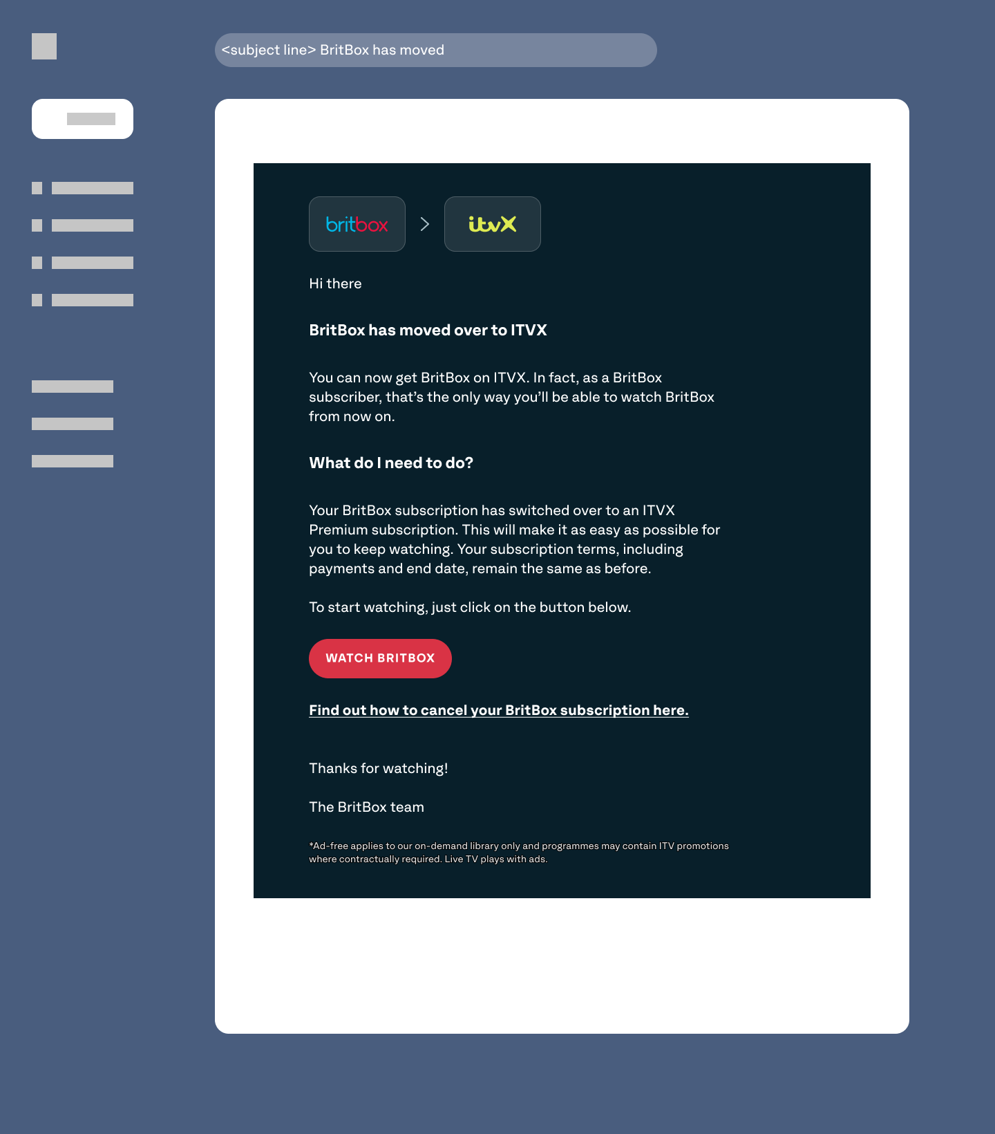 ITVX BritBox migration - sample email