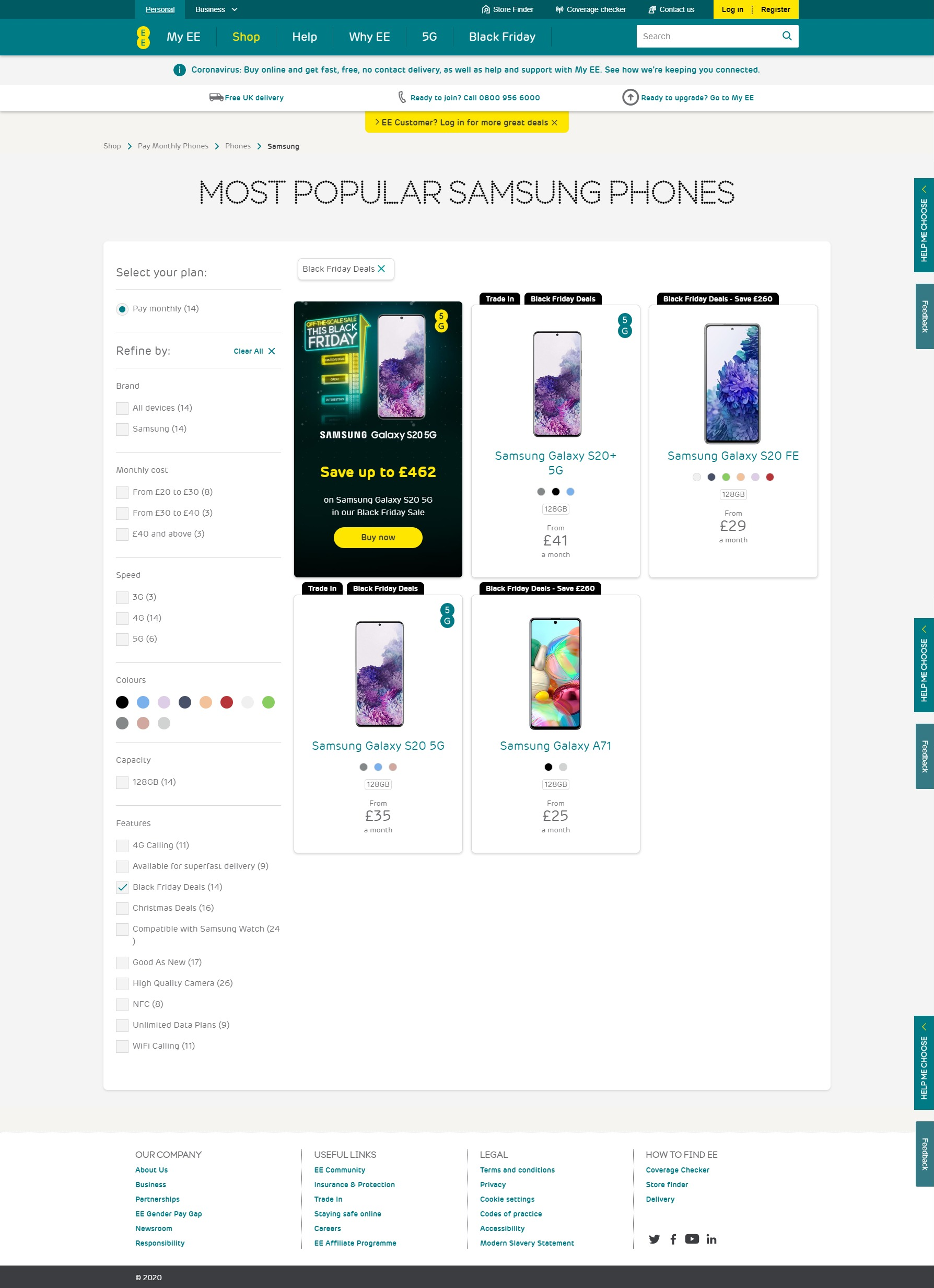EE Mobile Black Friday 2020 - Samsung page